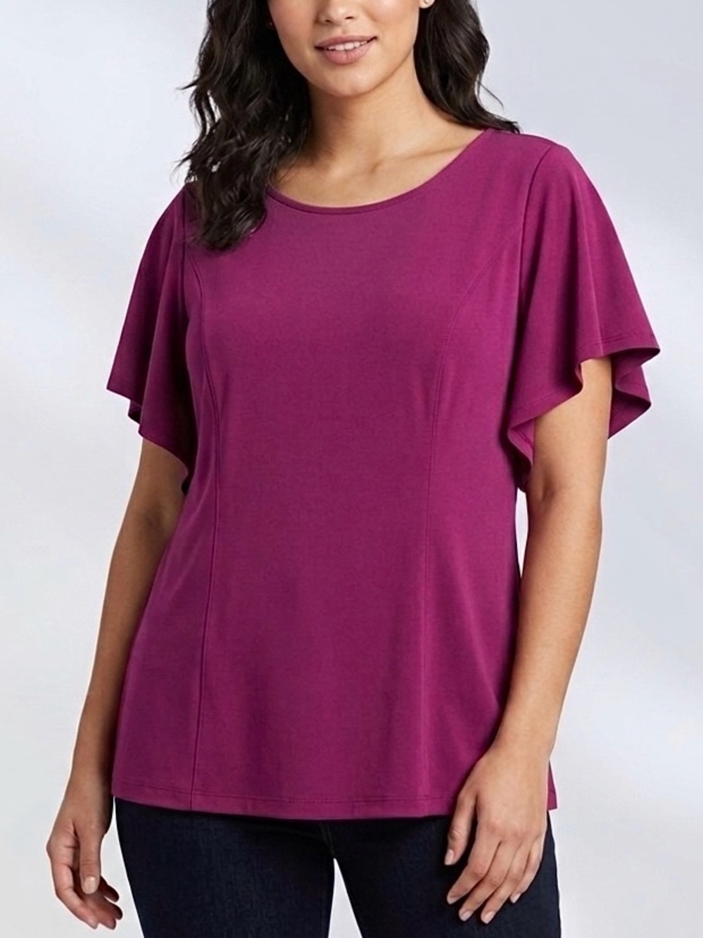 H by Halston VIP Ponte Knit Flounce Flutter Sleeve Top- Women’s L (14/16) Plum
